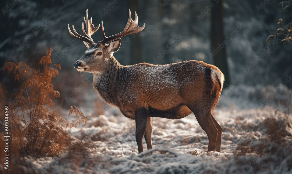 Fototapeta premium Noble deer male in winter snow forest, Winter christmas image, generative AI