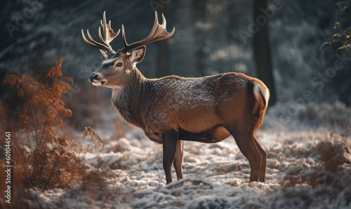 Noble deer male in winter snow forest, Winter christmas image, generative AI