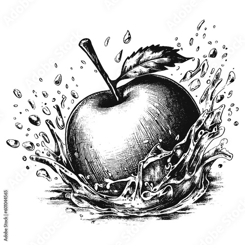 Water splashing on a fresh apple, water splash and apple sketch