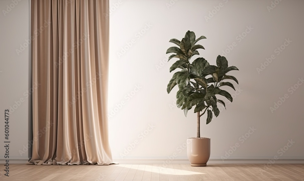 Plant against a white wall mockup, White wall mockup with brown curtain, plant and wood floor, 3D illustration, generative AI Plant against a white wall mockup, White wall mockup with brown curtain, plant and wood floor, 3D illustration, generative AI