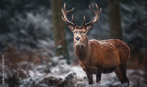 Noble deer male in winter snow forest, Winter christmas image, generative AI © Enigma
