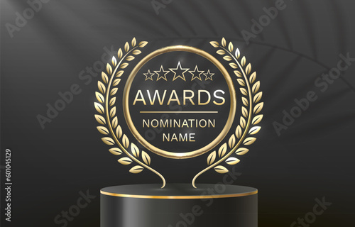 Awards nomination name podium, golden prize event, scene star ceremony.