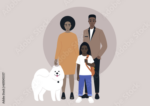 A full length family portrait with a dog, a mother, a father, a daughter, and their samoyed puppy