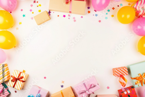 Birthday party background with gift boxes and balloons, generative AI