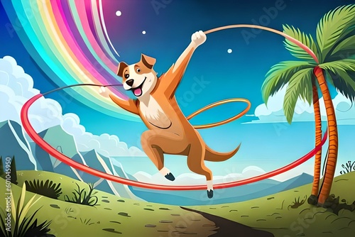 dog jumping on hula hop colorful background © dominik