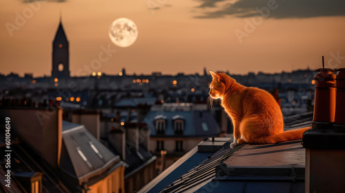 Red striped cat sits on the roof of a house in Paris and looks at the moon, a beautiful view from the roofs of buildings. Generative AI