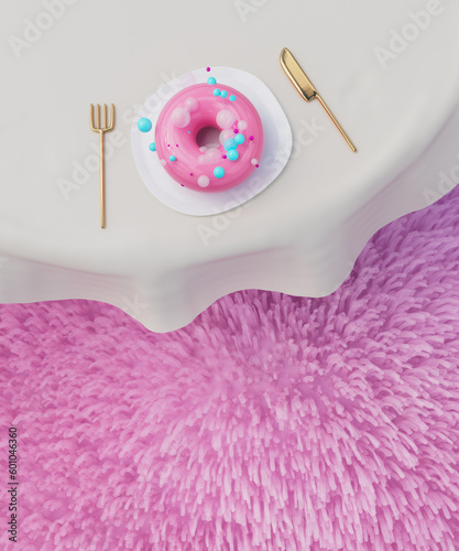 Donut with icing on plate on pink background. Sweet food on served table. Top view. For valentine's day greeting cards, banner, party invitations, posters, prints, books. 3d render, 3d illustration.