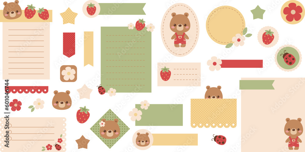 Cute digital note papers and stickers for digital bullet journaling or planning. Kawaii bear, ladybug, strawberry, and flower. Ready to use digital stickers for digital planner. Vector art.