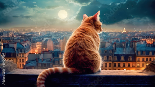 Red striped cat sits on the roof of a house in Paris and looks at the moon, a beautiful view from the roofs of buildings. Generative AI