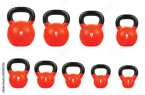 set red kettlebell, Gym equipment 40, 32, 20, 16, 10, 8, 6, 4, & 2 kg, 3d realistic isolated on white background, EPS 10