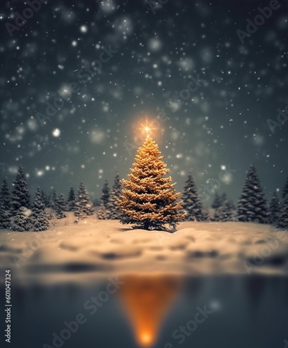 Winter landscape with small pine tree with lights decoration with dark night sky background . Christmas eve landscape.