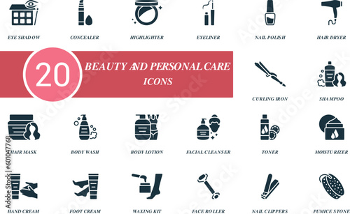 Beauty and personal care set. Creative icons: eye shadow, concealer, highlighter, eyeliner, nail polish, hair dryer, curling iron, shampoo, hair mask, body wash, body lotion, facial cleanser, toner
