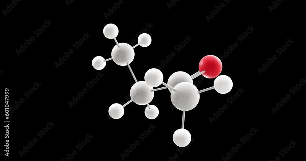 Butanone molecule, rotating 3D model of methyl ethyl ketone, looped video with alpha channel