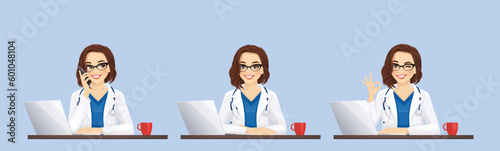 Female doctor using laptop computer sitting at the desk different gestures set isolated vector illustration