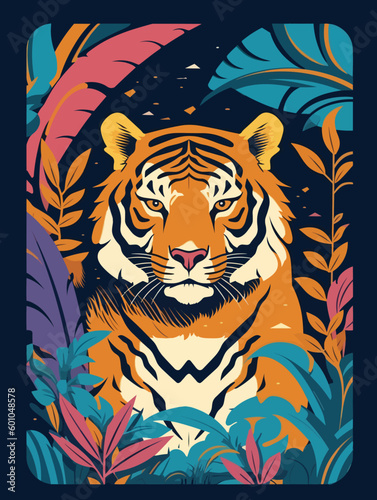 The tiger sits in the colorful grass. A tiger in the jungle with a blue background.