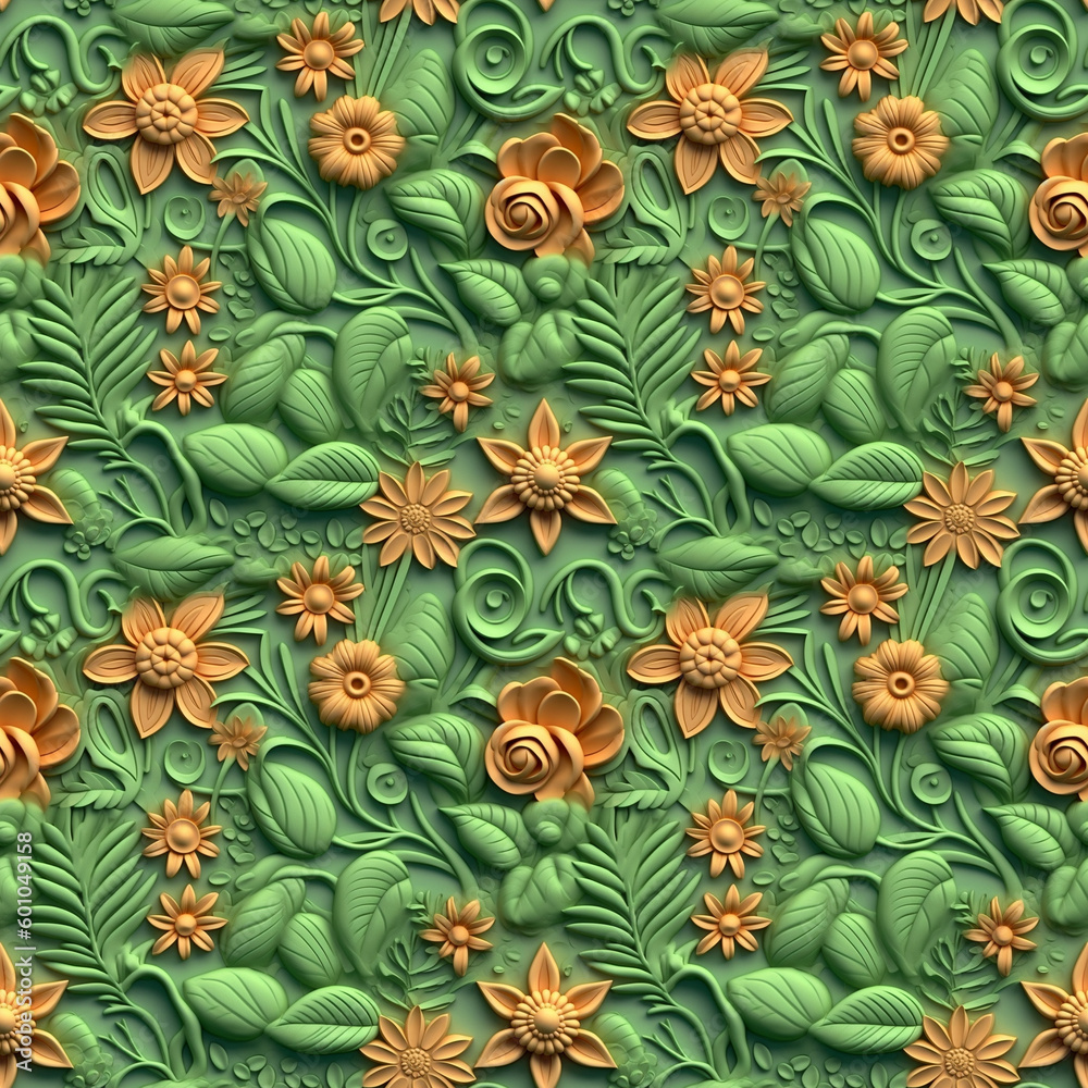 Obraz premium Green and Yellow Clay Art Floral and Botanical Seamless Pattern