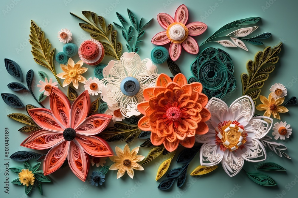 Beautiful handmade composition of flowers in the style of quilling art on a plain background. Quilling craft. generative ai