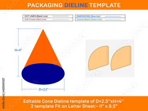 Rolled ice cream cones Large Dieline Template D0xD 2.5xH 4 inch