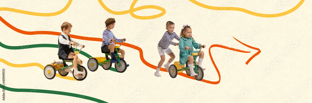 Playful little kids, children playing together, riding bikes on warm summer day. Active game. Contemporary art collage. Concept of summer vacation, childhood, imagination, fun, inspiration, friendship Playful little kids, children playing together, riding bikes on warm summer day. Active game. Contemporary art collage. Concept of summer vacation, childhood, imagination, fun, inspiration, friendship