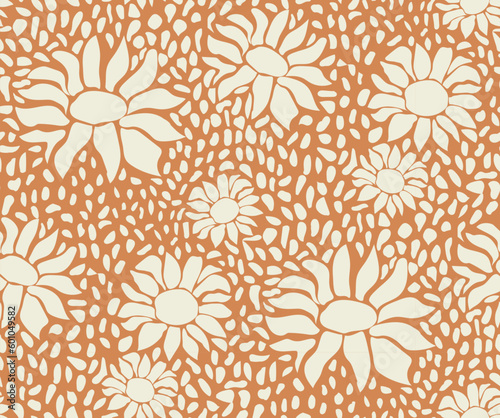 Vector seamless pattern with sunflowers and seeds on orange background. Ditsy floral background for fashion prints.