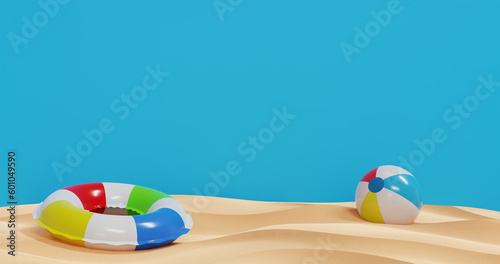 3D rendered Summer holiday, Beach ball, swim ring on beach sand. Blue background for banners or social media