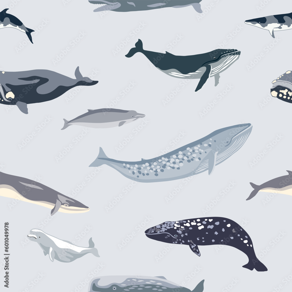 Simple seamless pattern with different whales. Simple seamless pattern with different whales.