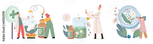 Natural herbal medication researches in laboratory. Traditional medicine concept. Scientist doctors characters make drugs of medical plants, herbal ingredients, extracts, preparing homeopathic recipes