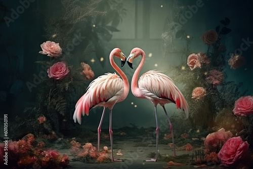 Two pink flamingos with flower background. Generative AI