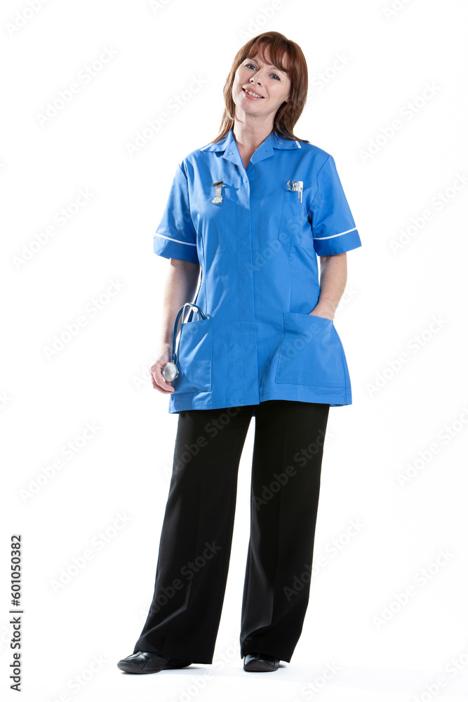 Health Professionals: Relaxed Nurse. A uniformed medical worker with a friendly smile. From a series of related images, full length isolated on white. Health Professionals: Relaxed Nurse. A uniformed medical worker with a friendly smile. From a series of related images, full length isolated on white.