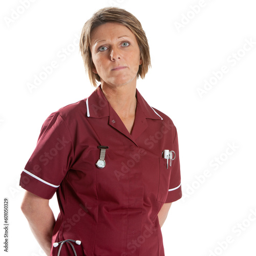 Health Professionals: Compassionate Nurse. A uniformed medical worker with a neutral expression. From a series of related images isolated on white.