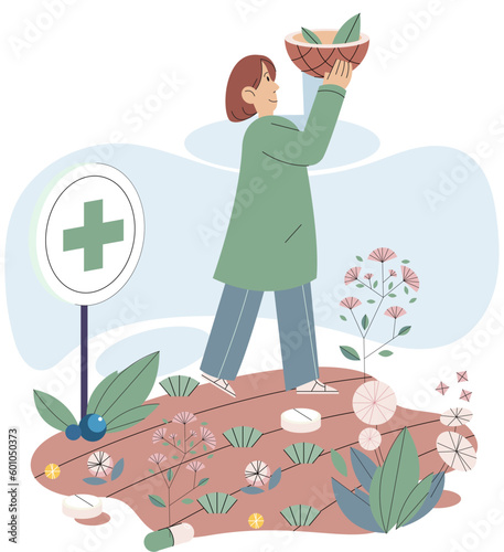 Green organic natural homeopathic pills in glass jar. Homeopathy treatment herbal alternative medicine, essential natural oil, herb pharmacy, food supplement. Phyto capsules, leaves and green plants