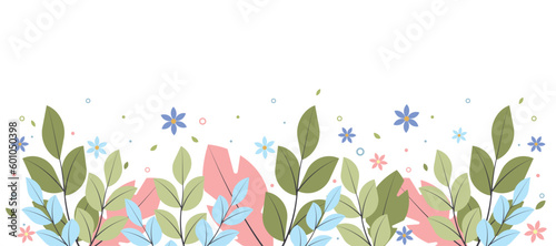Floral horizontal frame. Blue, pink, green abstract leaves and flowers. Vector design for paper, cover, fabric, interior decor and other uses.