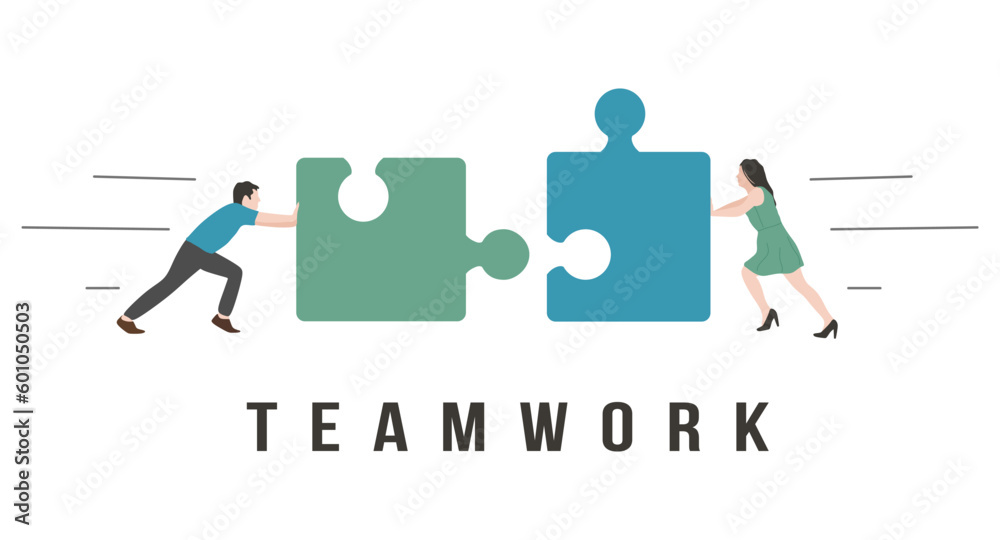Teamwork flat illustration. People connecting puzzle elements. teamwork, cooperation concept. Two people pushing huge pieces of puzzle. Combining two pieces. Flat vector illustration - obrazy, fototapety, plakaty 
