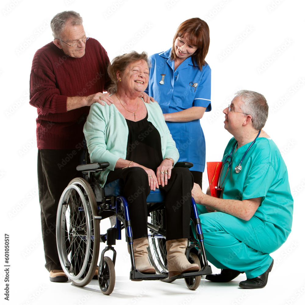 Health Professionals: Patient Care. A senior lady in a wheelchair receiving care support and medical advice. From a series of related images.