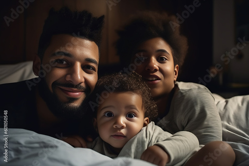 Happy father and sons laying together on bed with baby, African family, generative ai