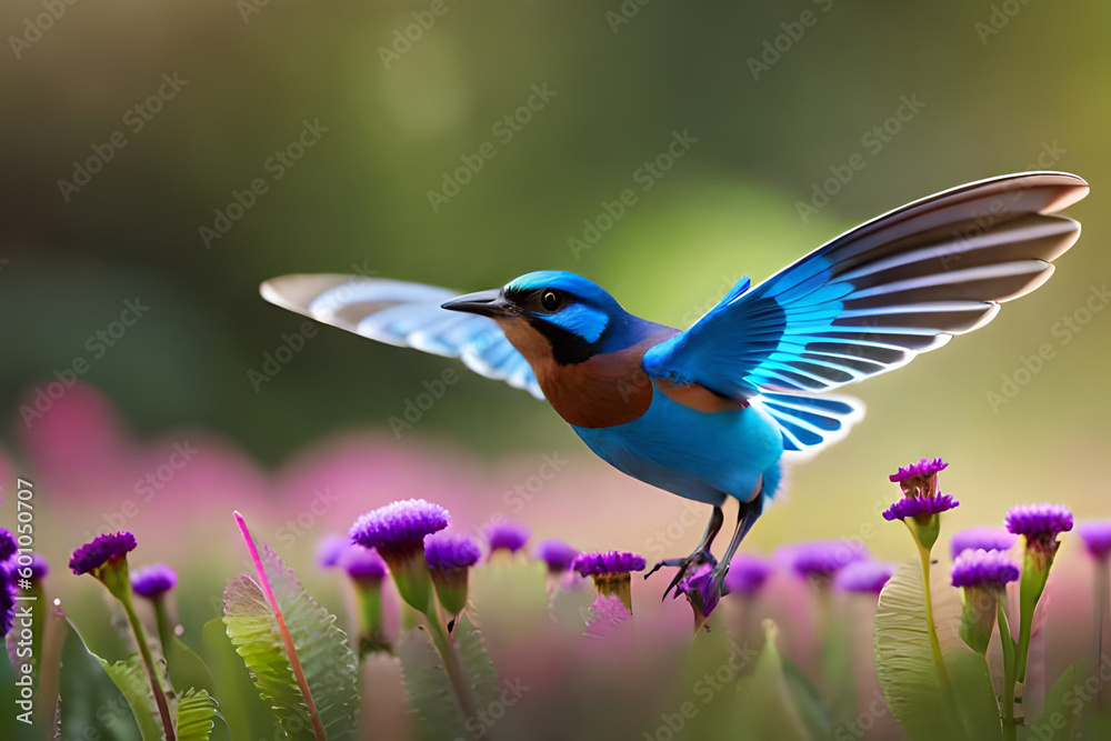 Fototapeta premium Highly detailed a beautiful jay bird A colorful bird sits on a branch with a green background