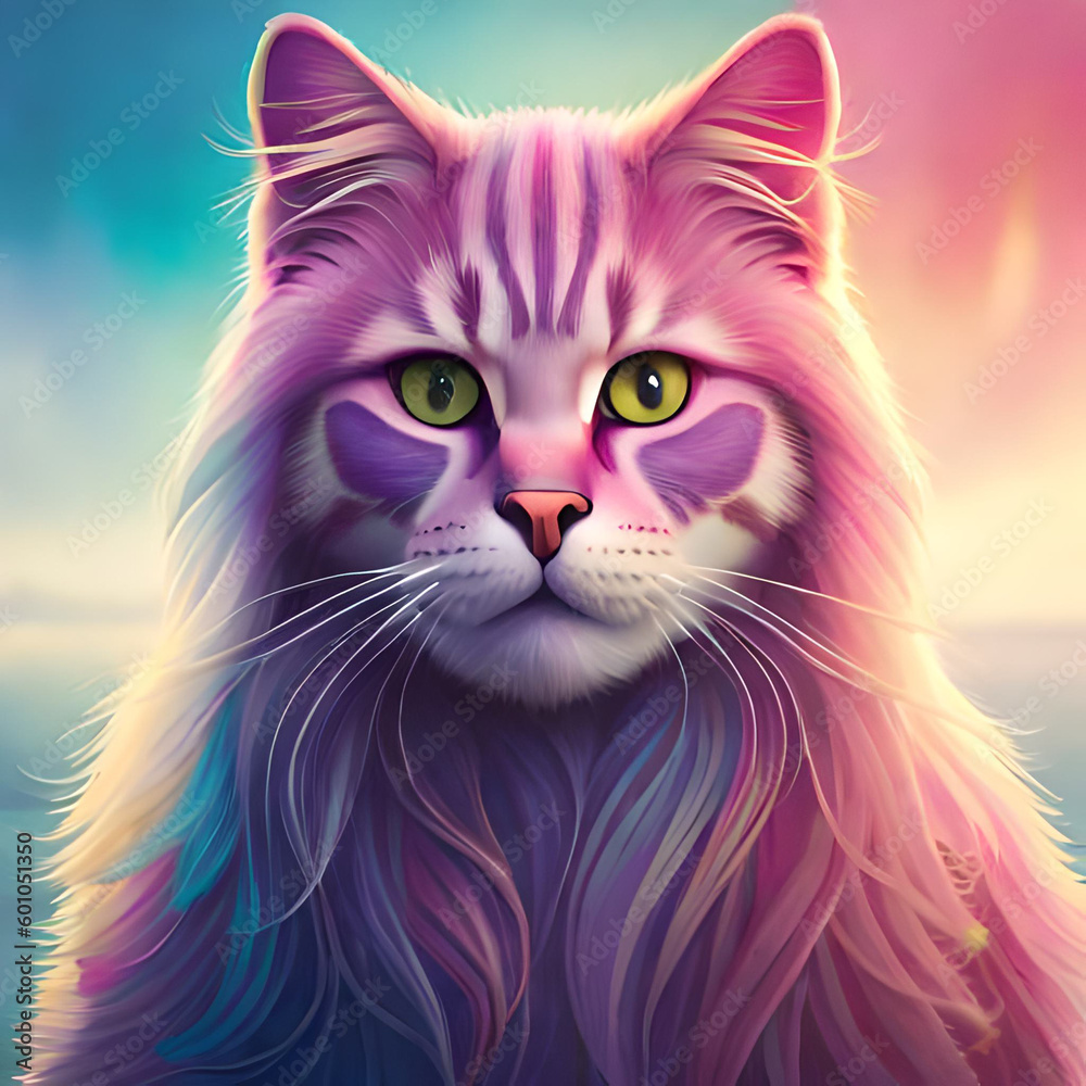 A painting of a cat with a rainbow colorful cotton candy look