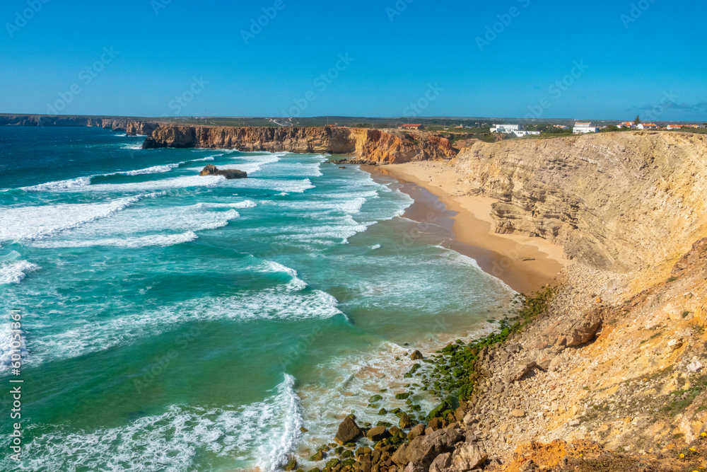 Spectacular views of Praia do Tonel (Tonel beach), a surfers' paradise, Sagres Point (Ponta de Sagres) a stunning windswept promontory  near Cape St. Vincent (Cabo de São Vicente), Algarve, Portugal