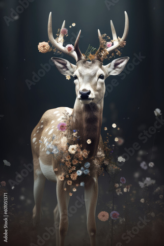 Portrait of deer in flower. Generative AI