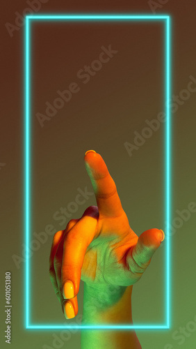Human hand interacting in motion with geometric glowing figure, empty screen over gradient minimal background in neon light