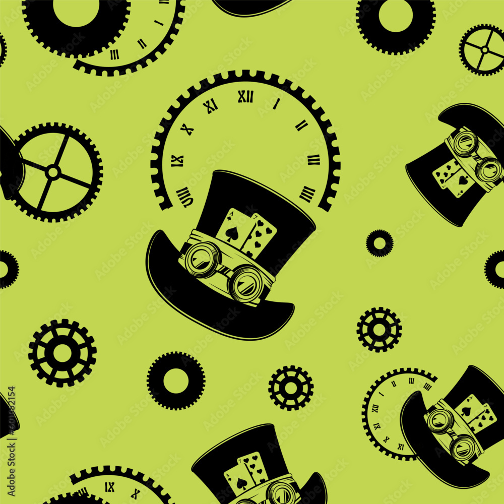 A seamless pattern in steampunk style on the green background