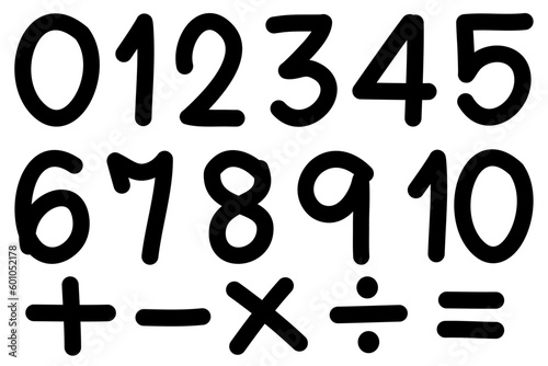 Set of Hand Drawn Numbers Zero to Ten Math Handwriting  Mathematics Education Element Simple Easy Basic Icon Thick Vector