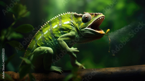 The chameleon shoots its tongue at the moment of catching an insect.