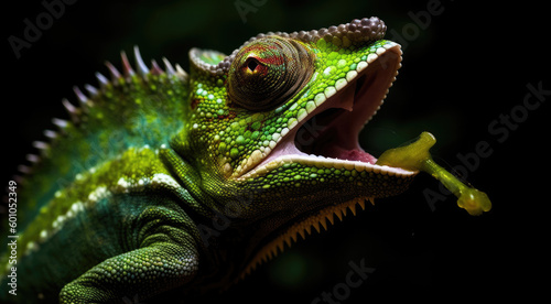 The chameleon shoots its tongue at the moment of catching an insect.