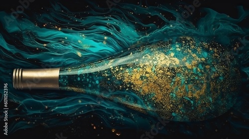 Drawing a bottle on a dark background with golden particles Generative AI