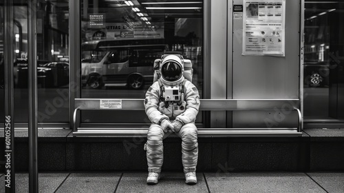 Astronaut sitting at the bus stop Generative AI