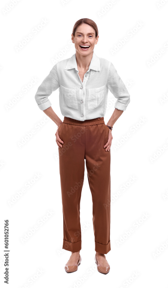 Beautiful happy businesswoman posing on white background Beautiful happy businesswoman posing on white background