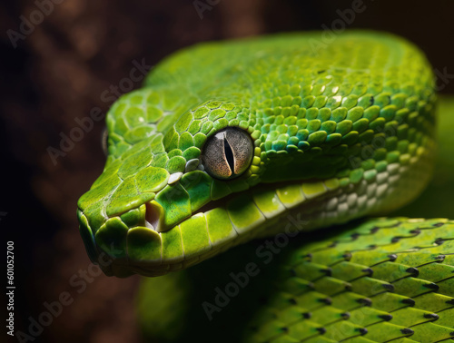 Green viper snake close up view
