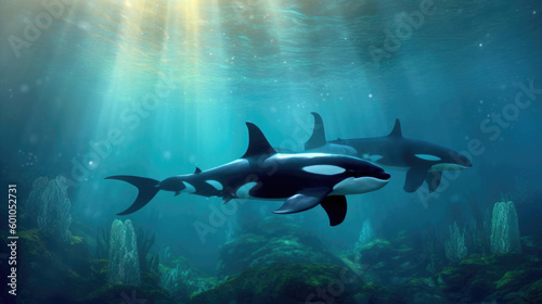 Killer whales (orcas) swim under blue water