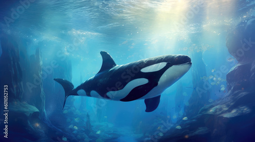 Killer whales (orcas) swim under blue water © Veniamin Kraskov